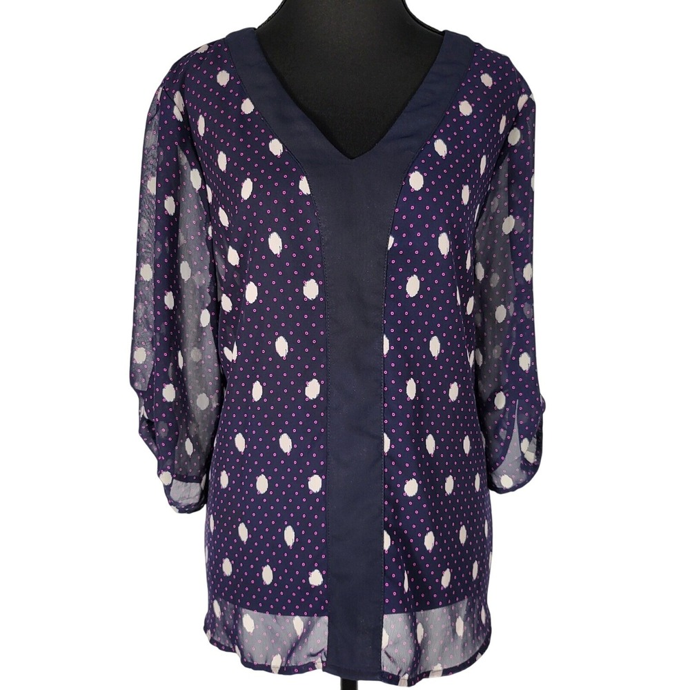 Ivestments Polka Dot Blouse Sheer 3/4 Sleeve V-Neck Top Size PL